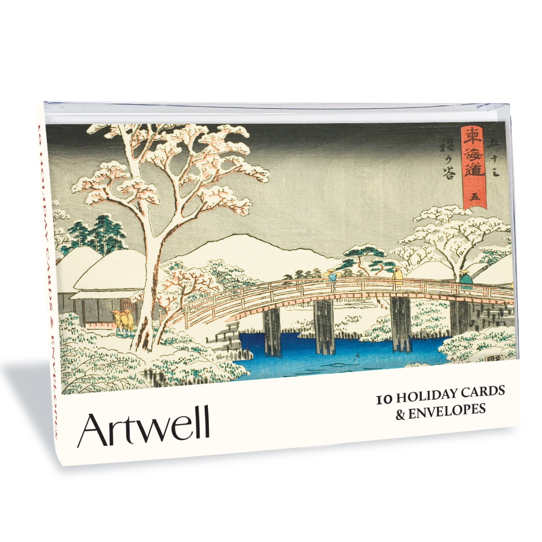 Traditional Japanese landscape with a bridge over water, cherry blossom trees, and snow-covered mountains.