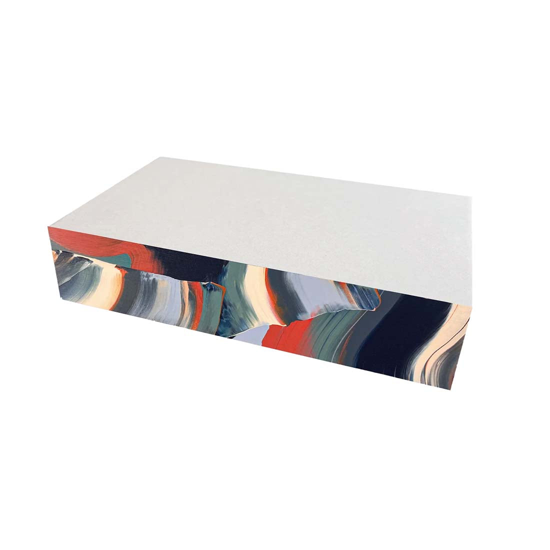 Rectangular box with a colorful abstract design on a white background