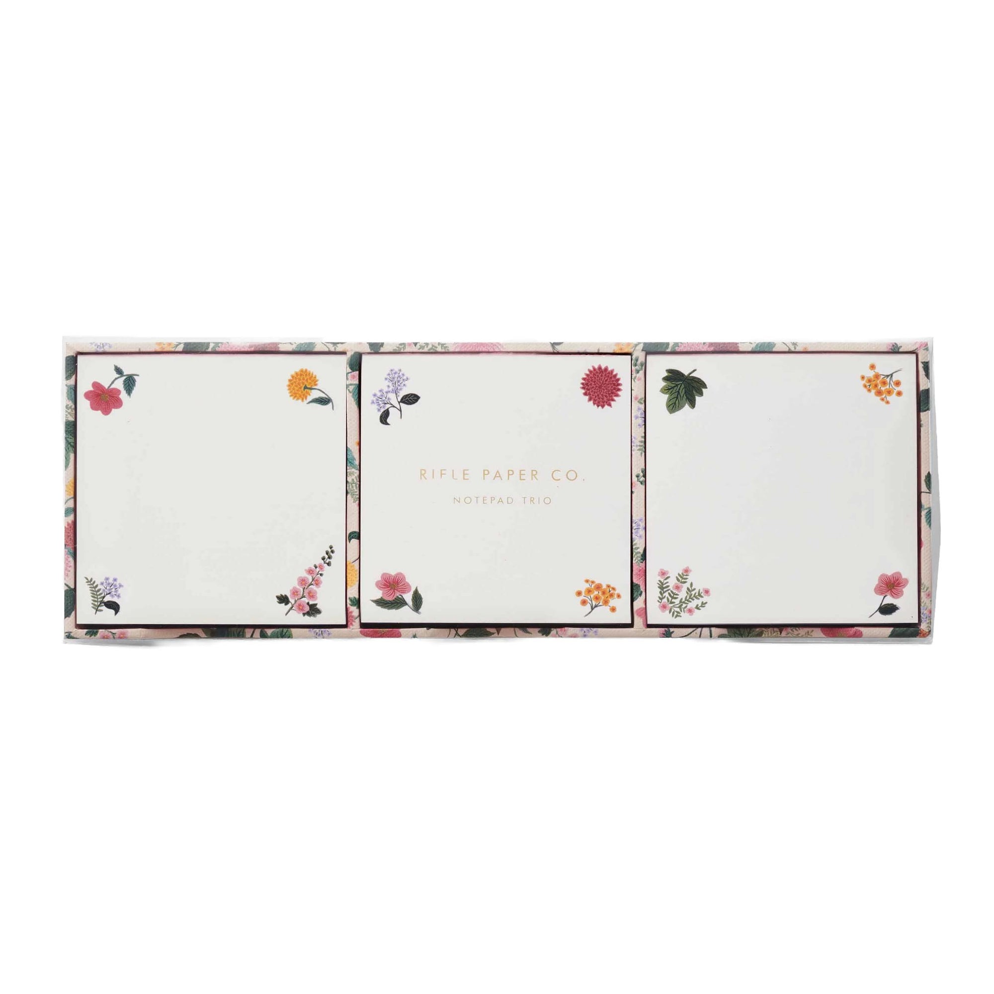 Set of three floral notepads with 'Little Paper Co.' branding on a white background