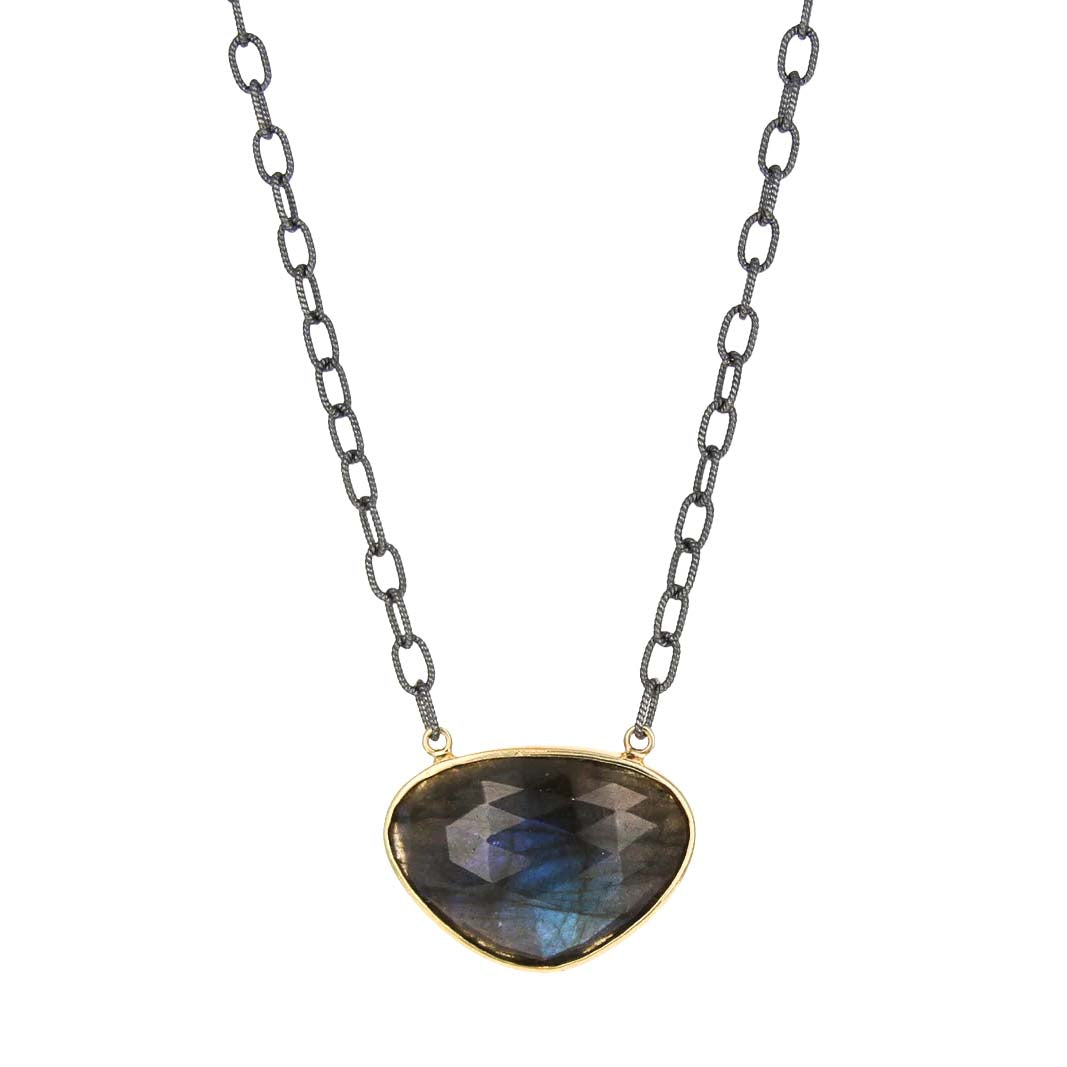 Necklace with a heart-shaped labradorite stone pendant on a white background