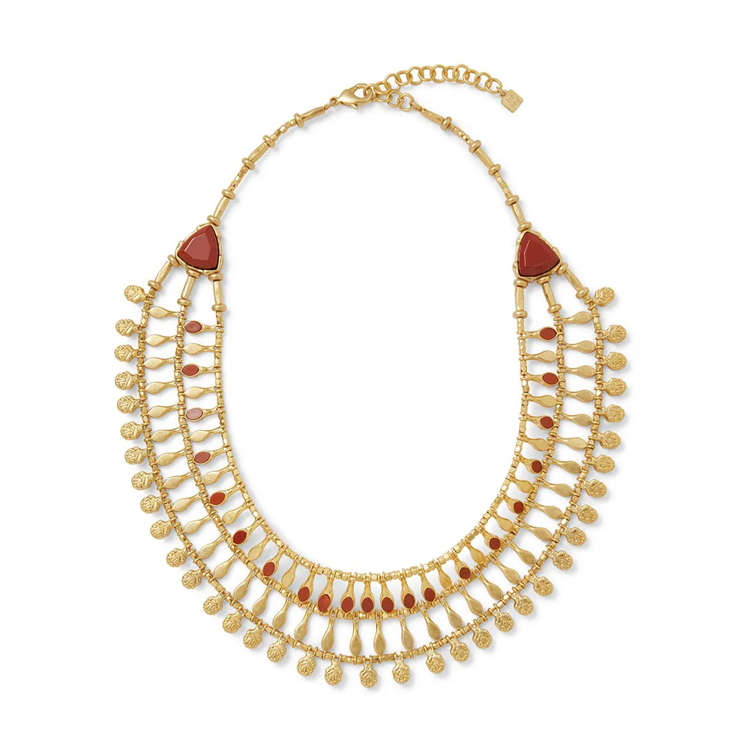 Gold necklace with red stones on a white background