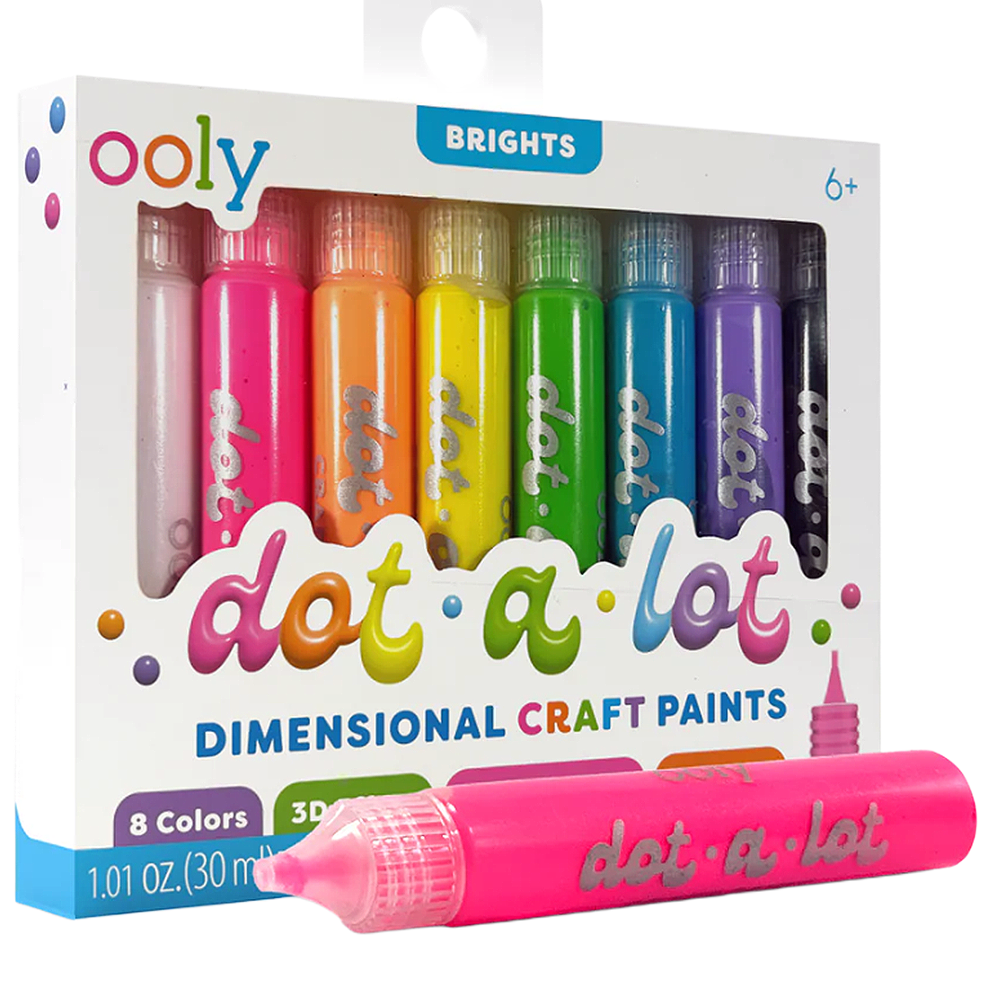 Packaging of Ooly dot-a-lot dimensional craft paints in bright colors.
