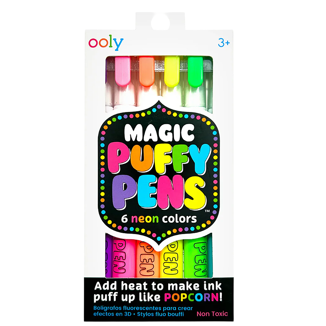 Packaging of Ooly Magic Puffy Pens with neon colors on a white background