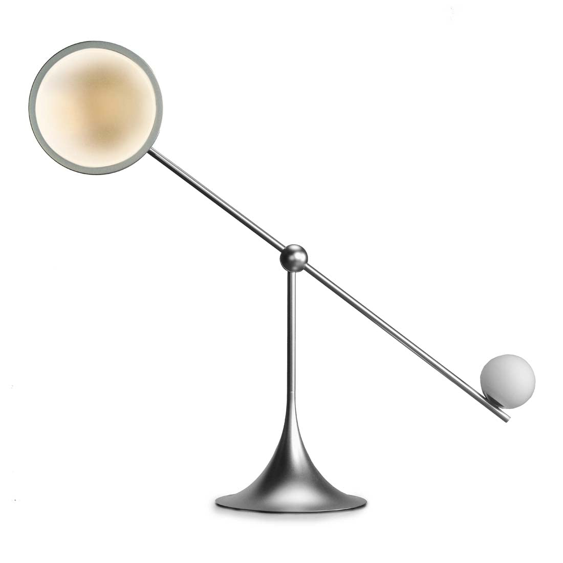 A dual-function desk lamp with one end emitting a focused white light and the other end emitting a warm, ambient light, crafted from silver anodized aluminum with a seamless design.
