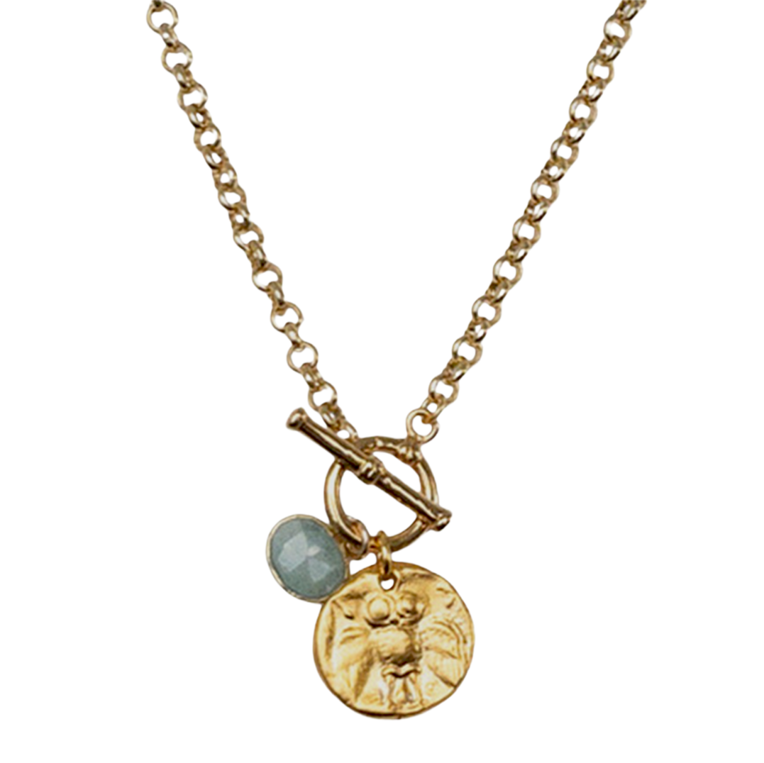 Gold necklace with a pendant and toggle clasp on a white background