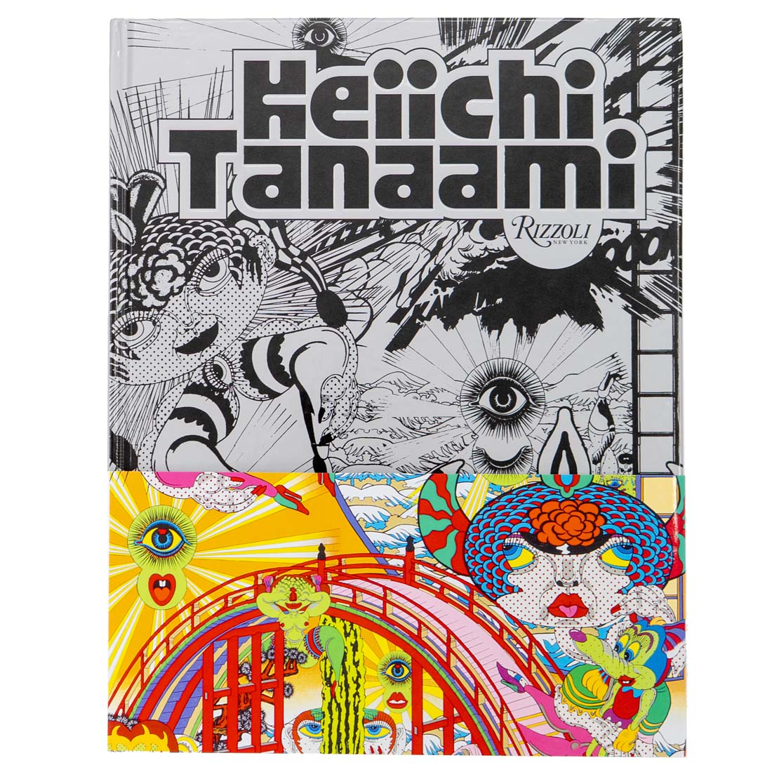 Book cover of 'Keiichi Tanaami' by Rizzoli with black and white illustrations and colorful bridge design.