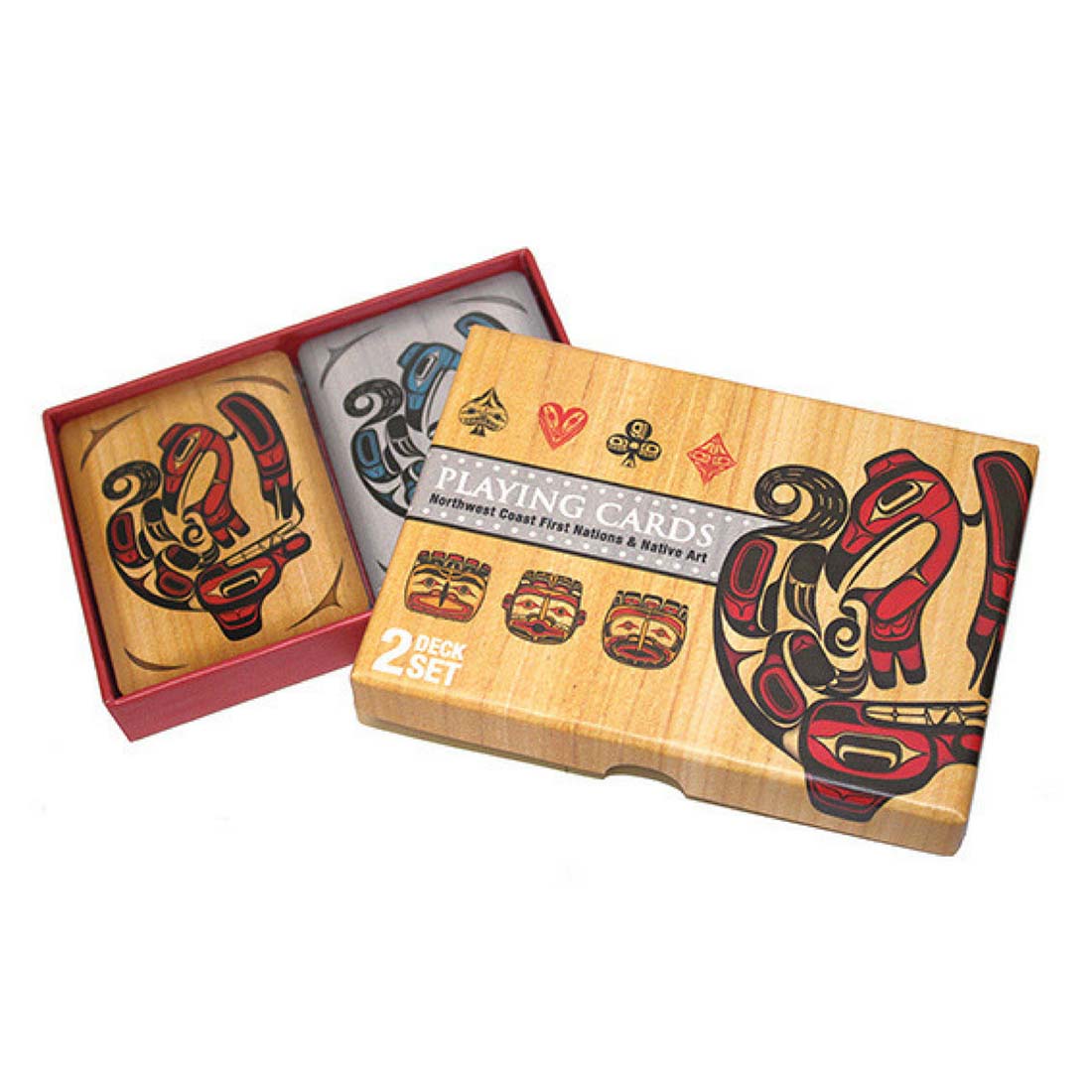 A set of two decks of playing cards with Northwest Coast Native art designs, packaged in a wooden box with glassine cover.