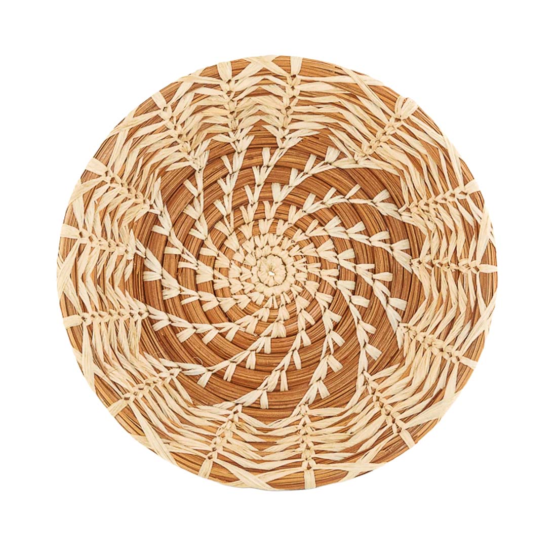 Round woven basket with a spiral pattern on a white background