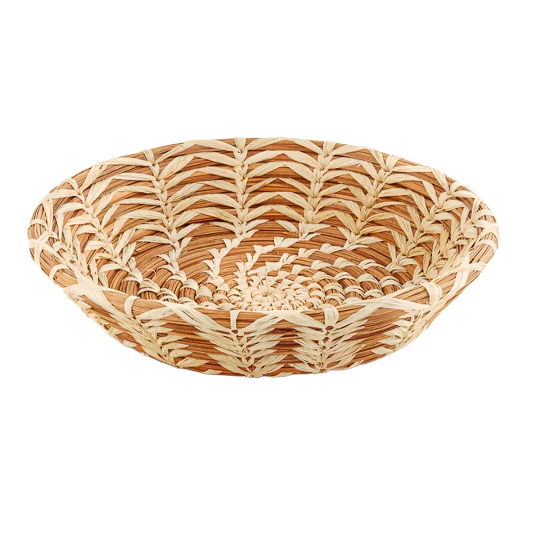 Round woven basket with a spiral pattern on a white background