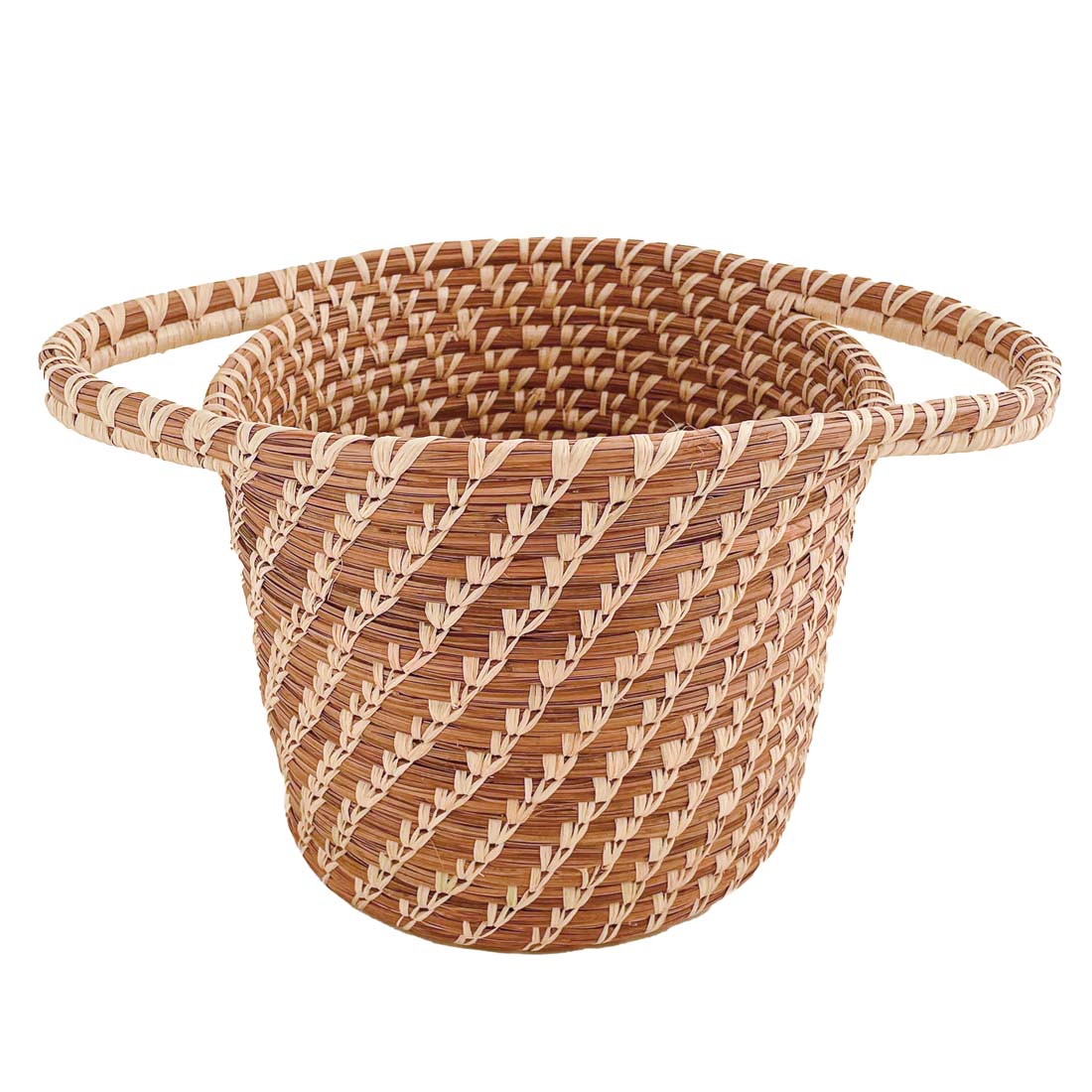 Woven basket with a striped pattern on a white background