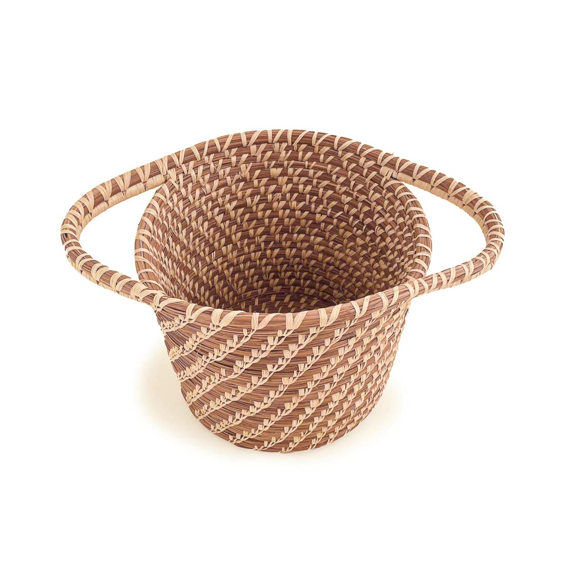 Woven basket with a striped pattern on a white background