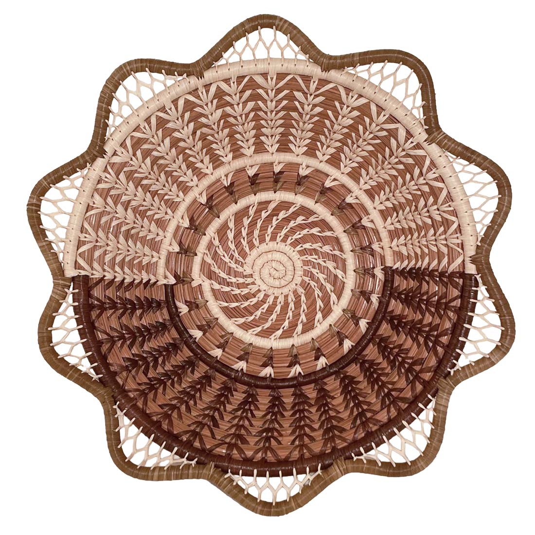 Decorative woven plate with concentric circle pattern on a white background