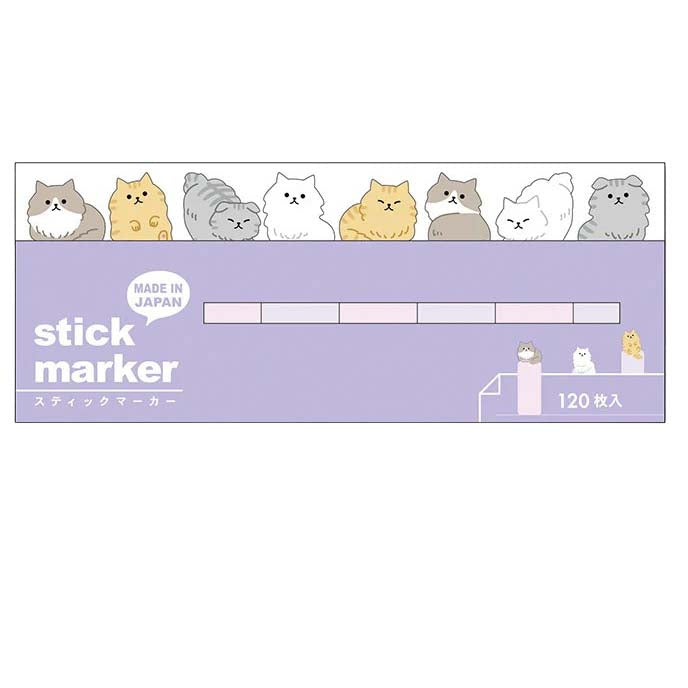 Packaging of stick markers with cartoon cat illustrations on a white background