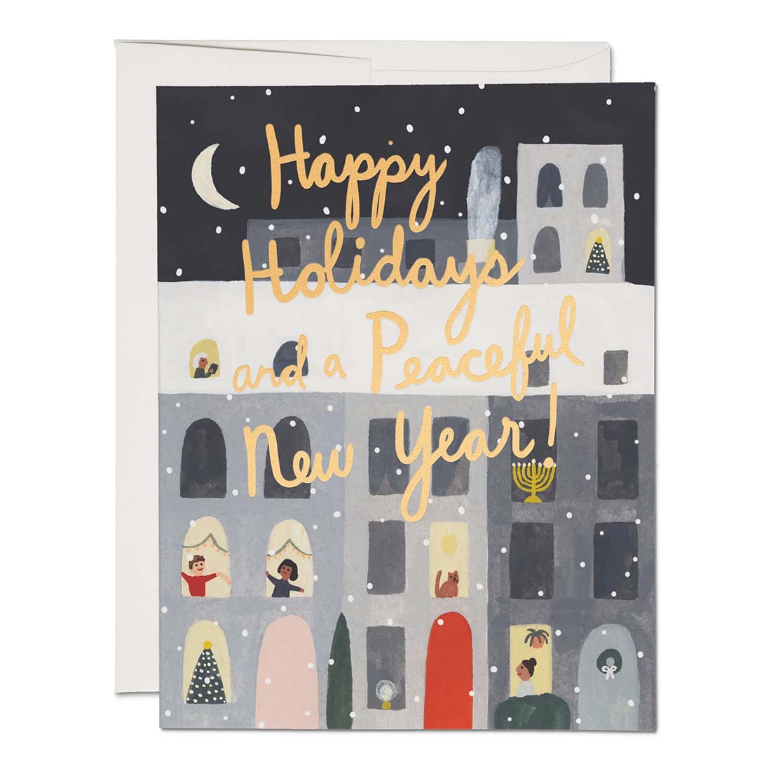 Greeting card with 'Happy Holidays and a Peaceful New Year' text and cityscape illustration.