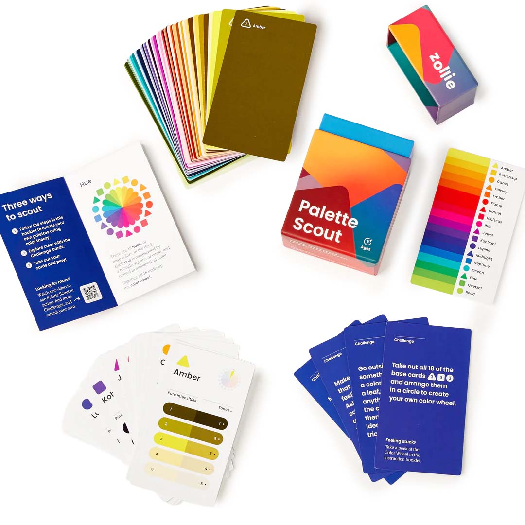 Color swatch cards and books on a white background