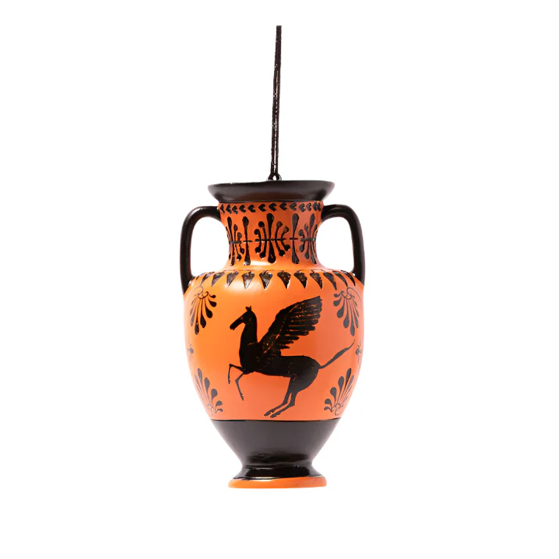 Decorative vase with black and orange design on a white background