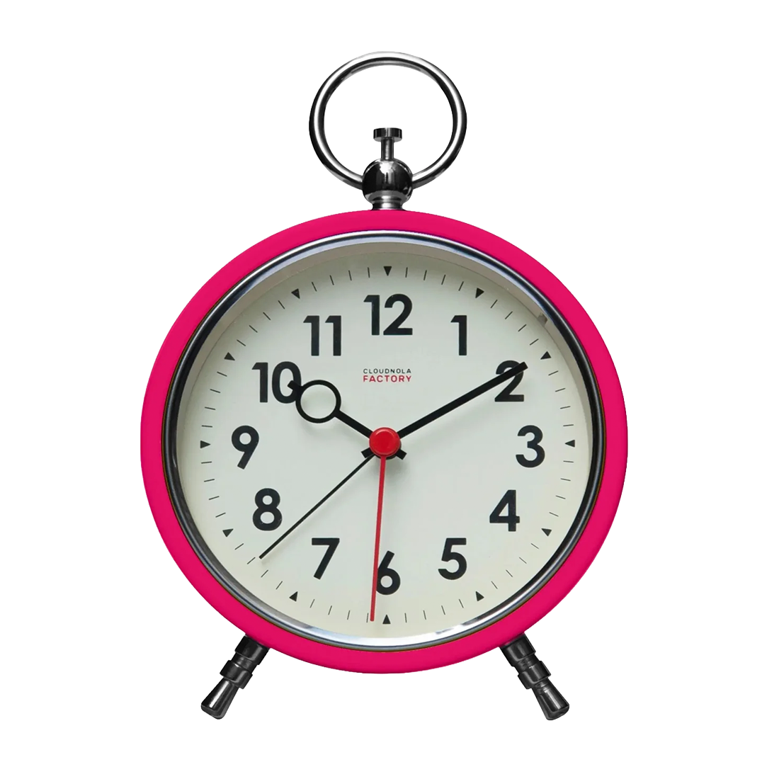 Pink alarm clock with white face on a white background