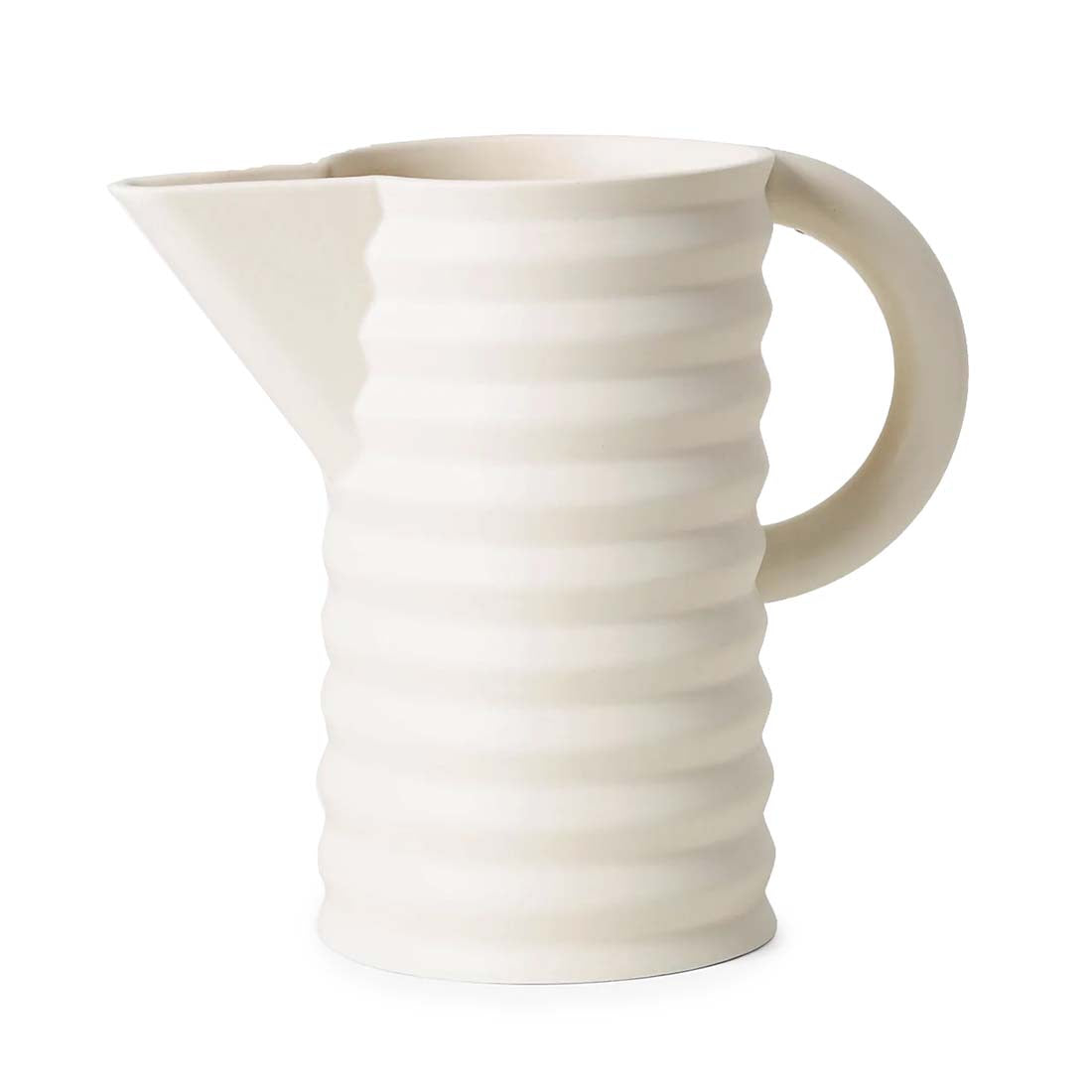 A beige ceramic water pitcher with a pleated form and an arched handle.