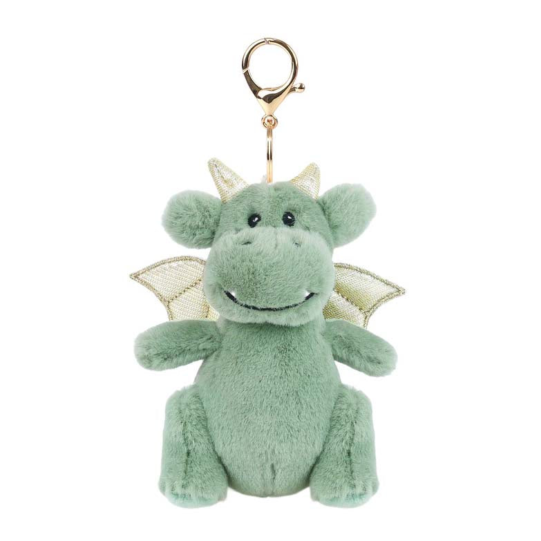 Green plush dragon toy with a gold clip on a white background