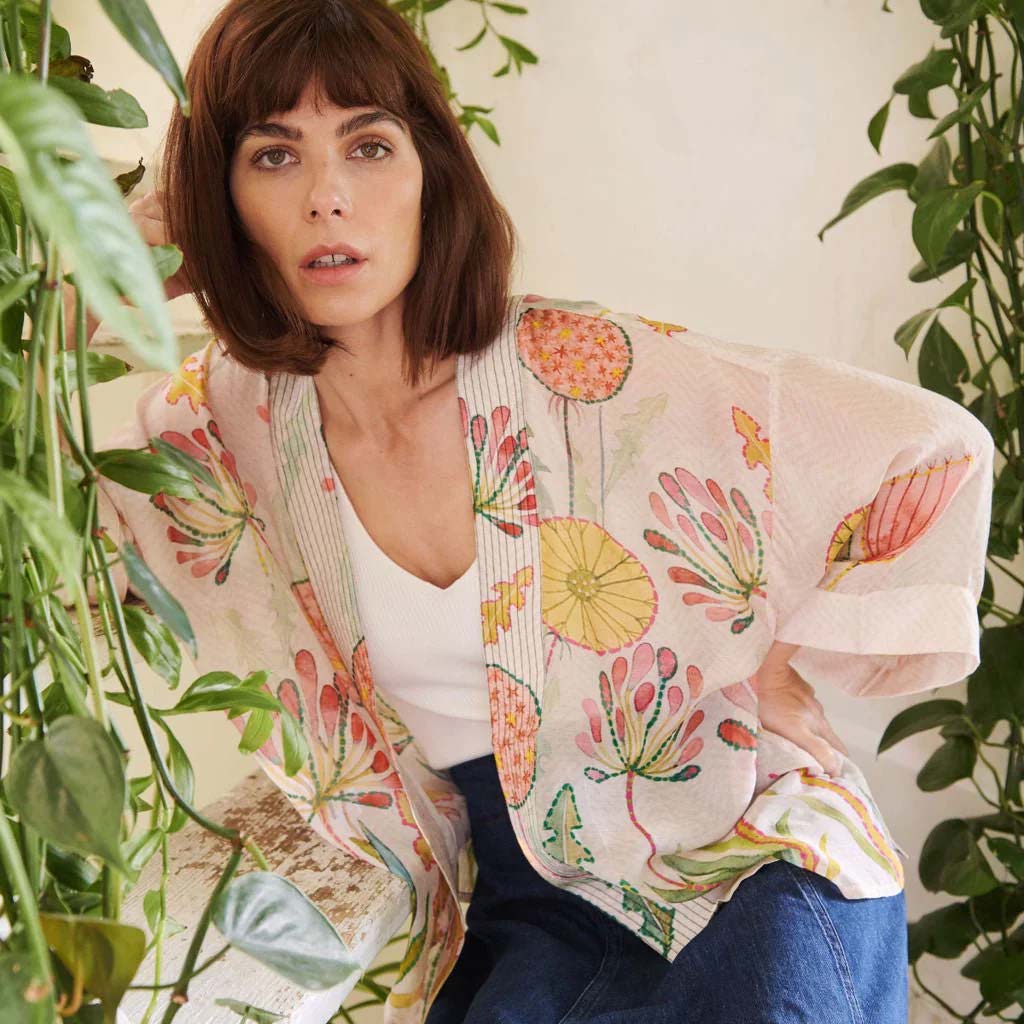 Pink Pop Flowers Short Kimono
