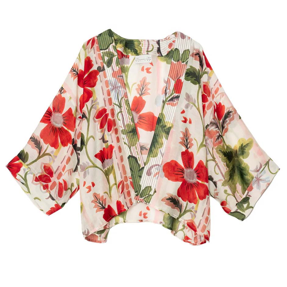 Floral kimono-style garment with red flowers and green leaves on a white background