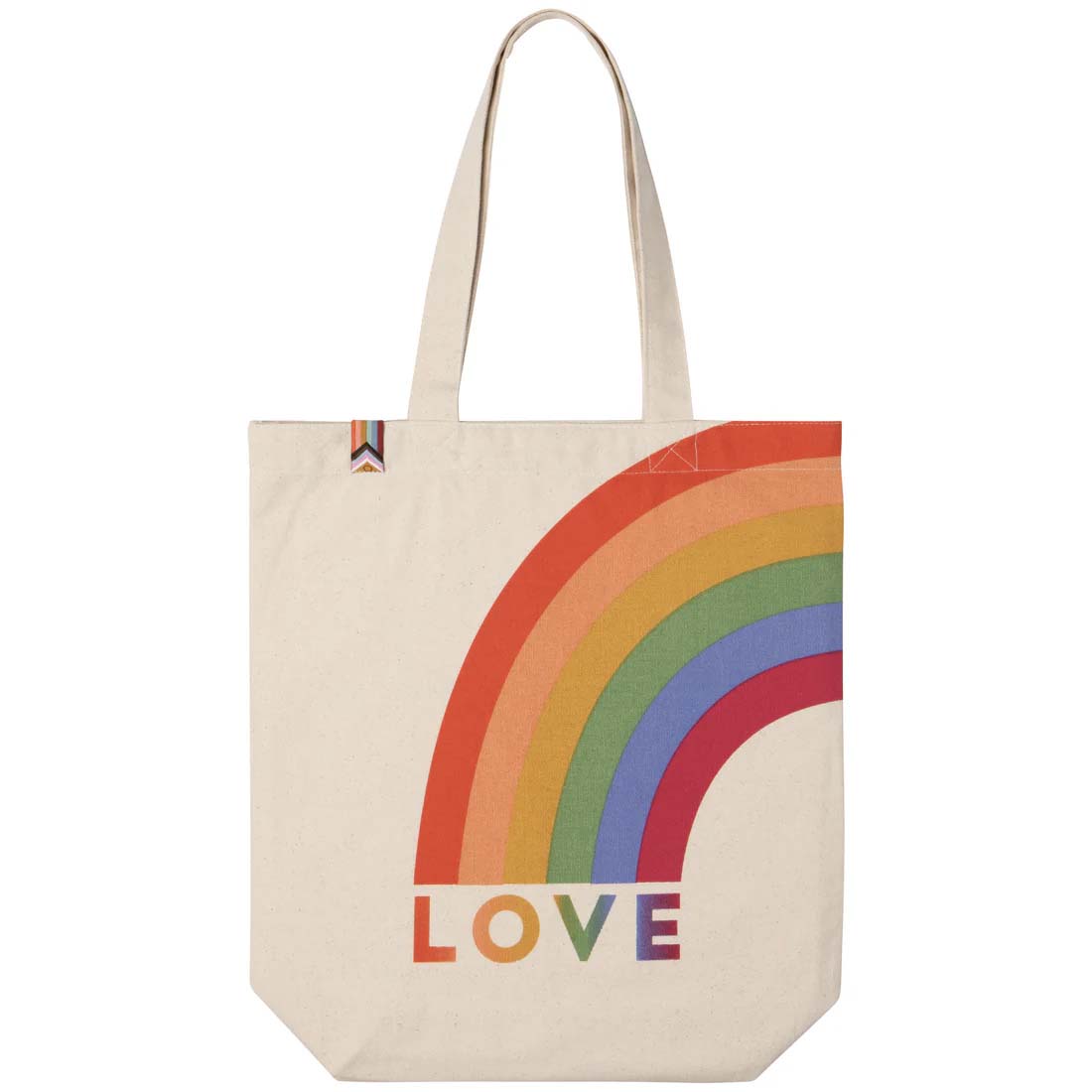Beige tote bag with a rainbow and 'LOVE' text on a white background