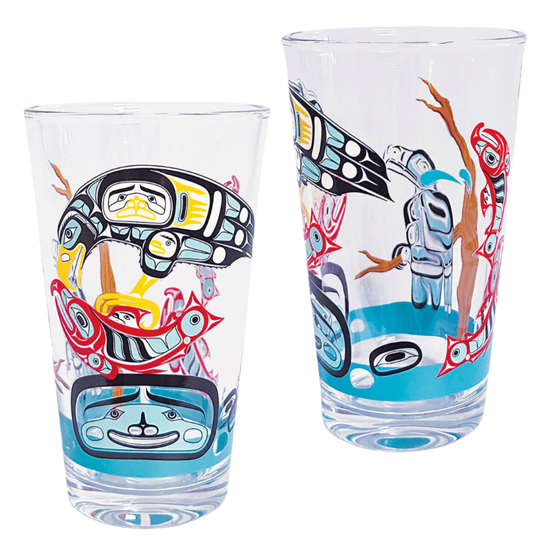 Two colorful glass tumblers with artistic designs on a white background