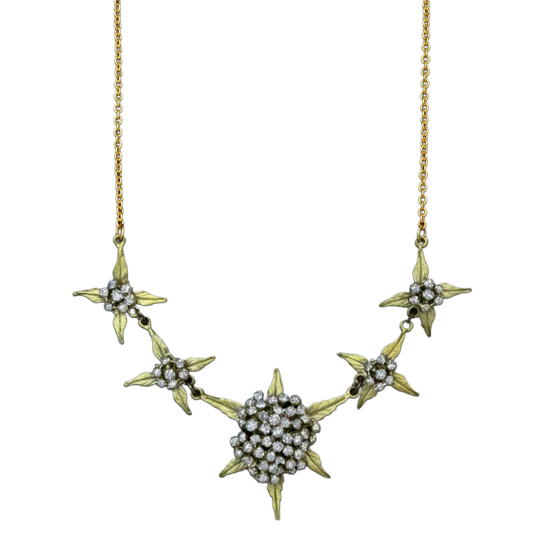 Gold necklace with star-shaped pendants on a white background