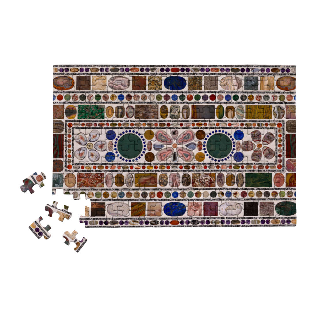 A rectangular mosaic puzzle showing a detailed historical-style tile pattern, with several loose puzzle pieces scattered on the left, set against a plain white background.