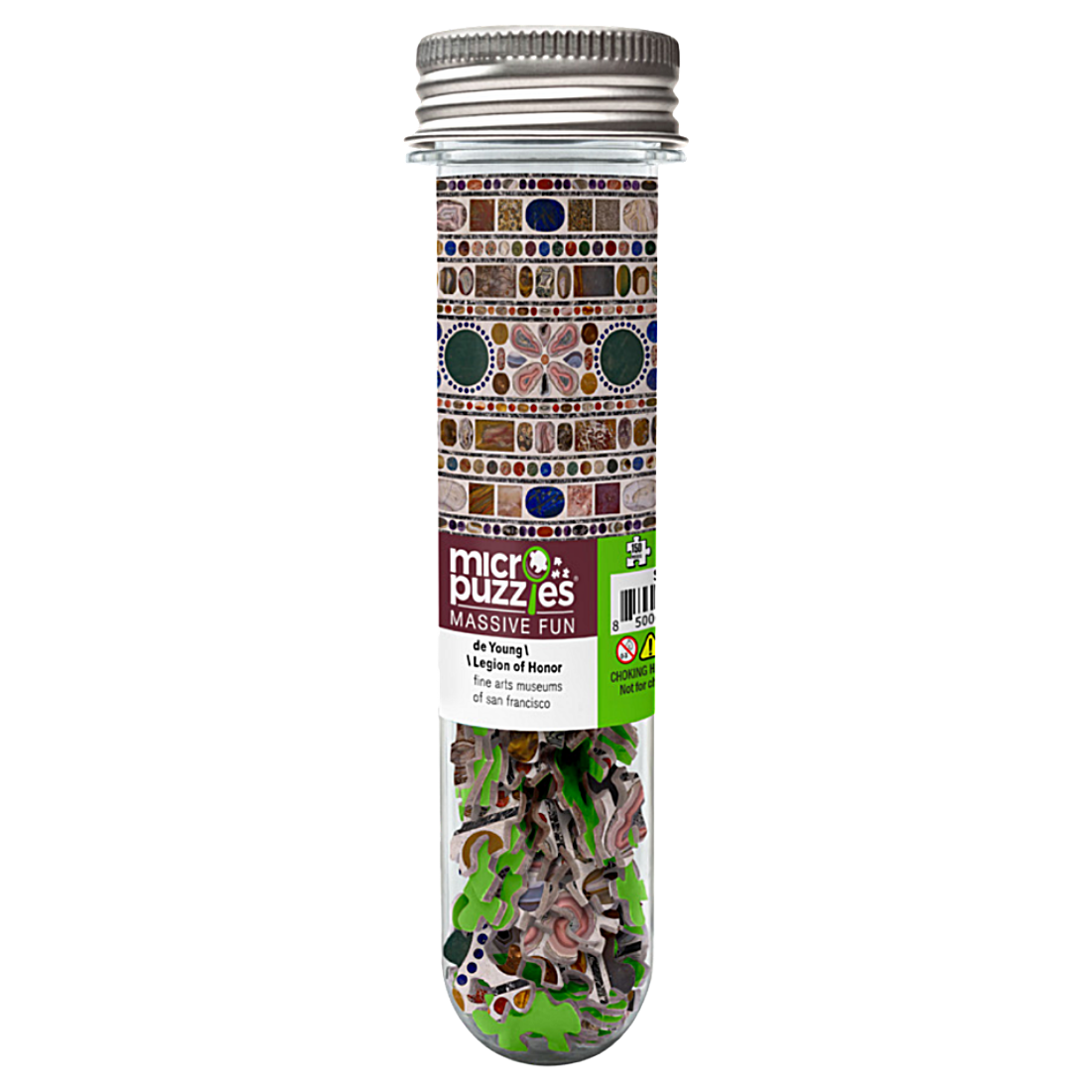 A clear cylindrical plastic tube with a silver screw cap containing many small interlocking puzzle pieces. 