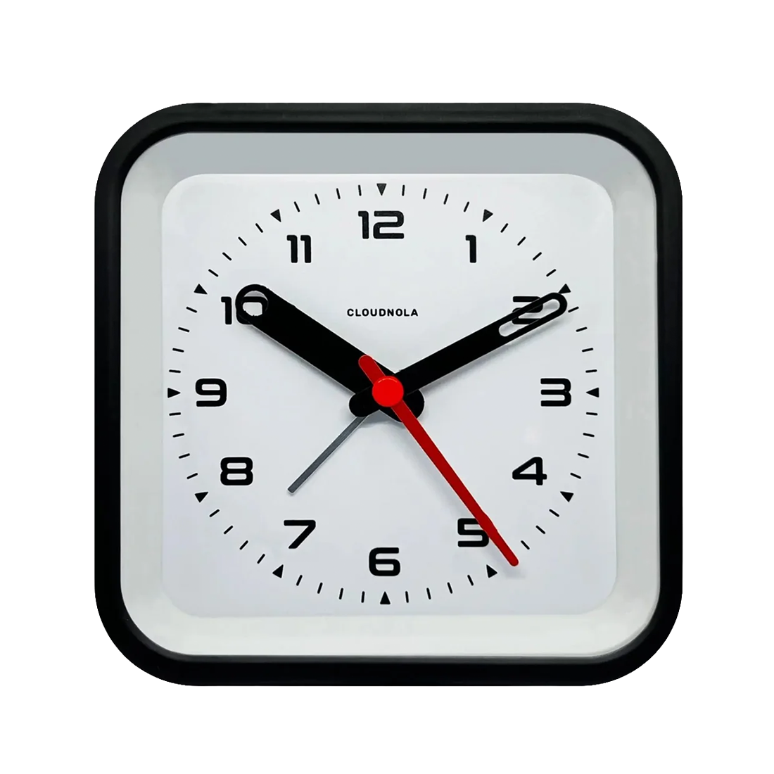 Square wall clock with black frame and white face on a white background
