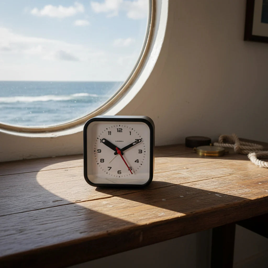 Alarm clock on a wooden surface with a large window showing the ocean.