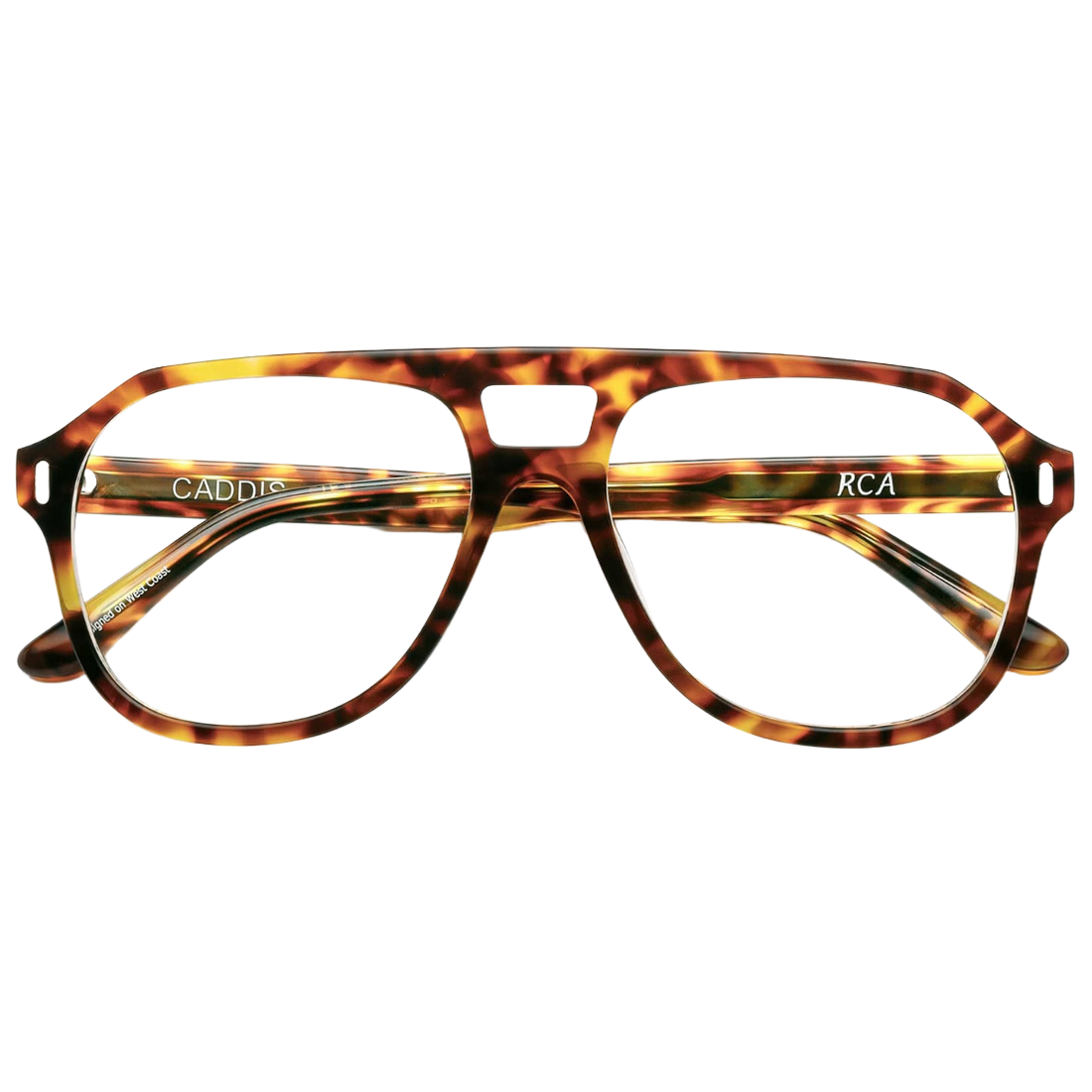 Tortoiseshell eyeglasses with 'Caddis' and 'RCA' branding on arms
