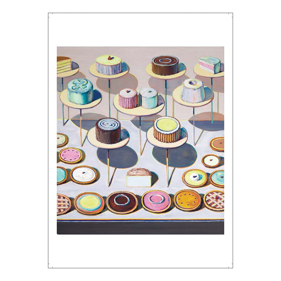 Postcard featuring a printed image of various cakes and pies arranged on display, reminiscent of an artwork style.