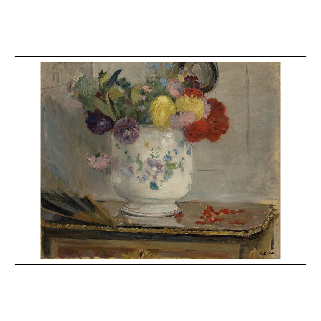 Still life painting of a floral arrangement in a decorative vase on a table.