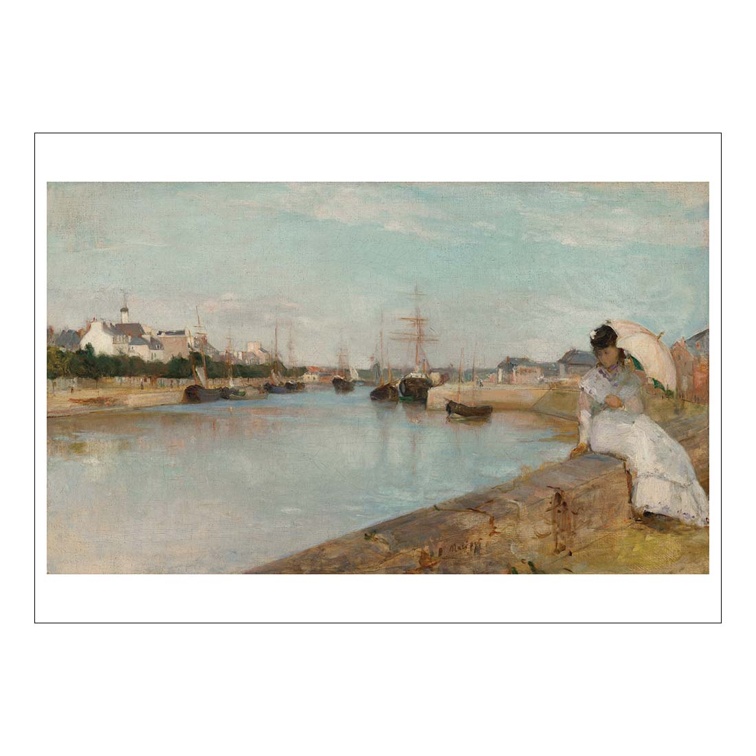 Painting of a woman sitting by a river with ships and buildings in the background