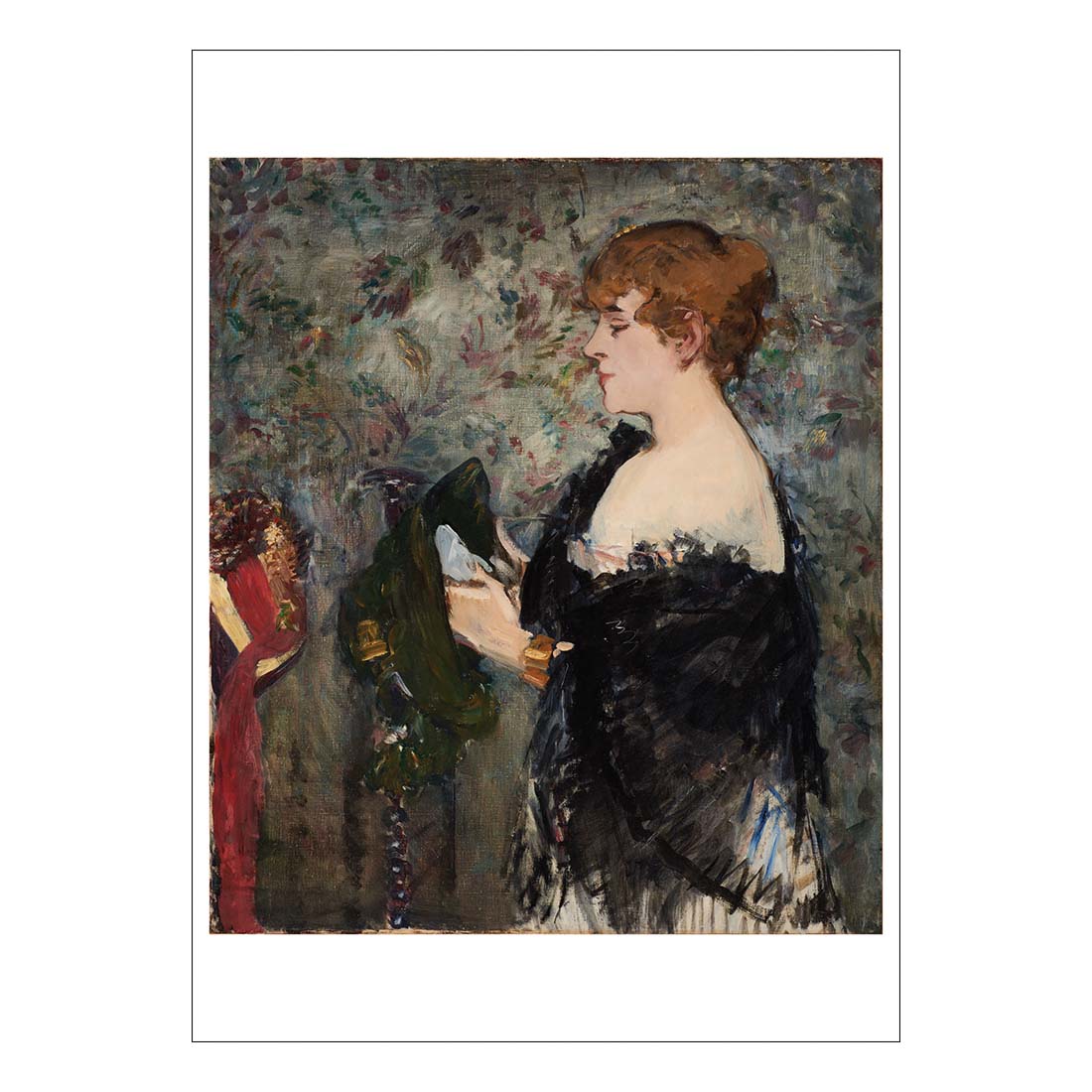 Painting of a woman holding a green bag against a textured wall.