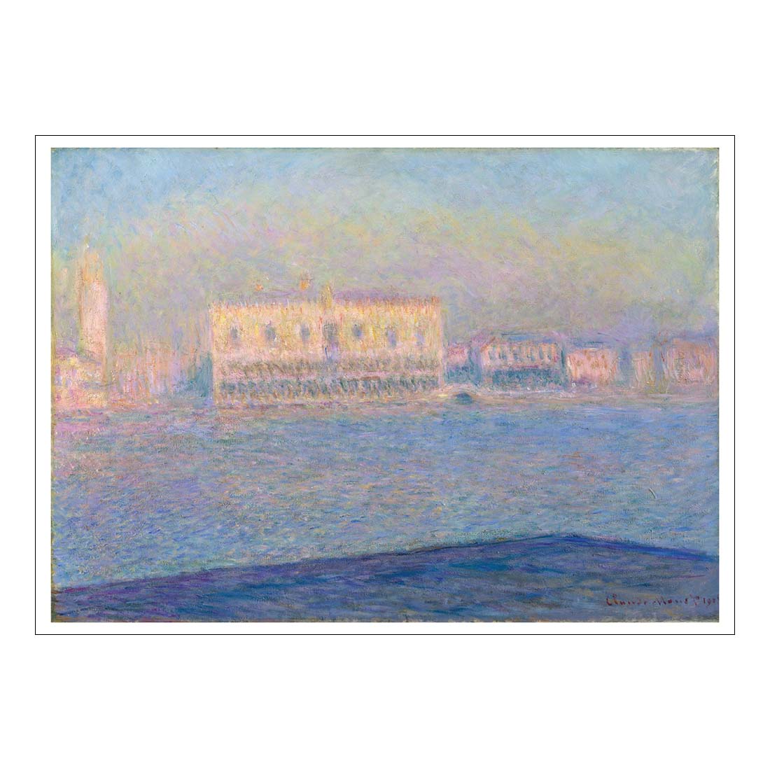 Painting of a coastal scene with buildings and water, featuring soft colors.