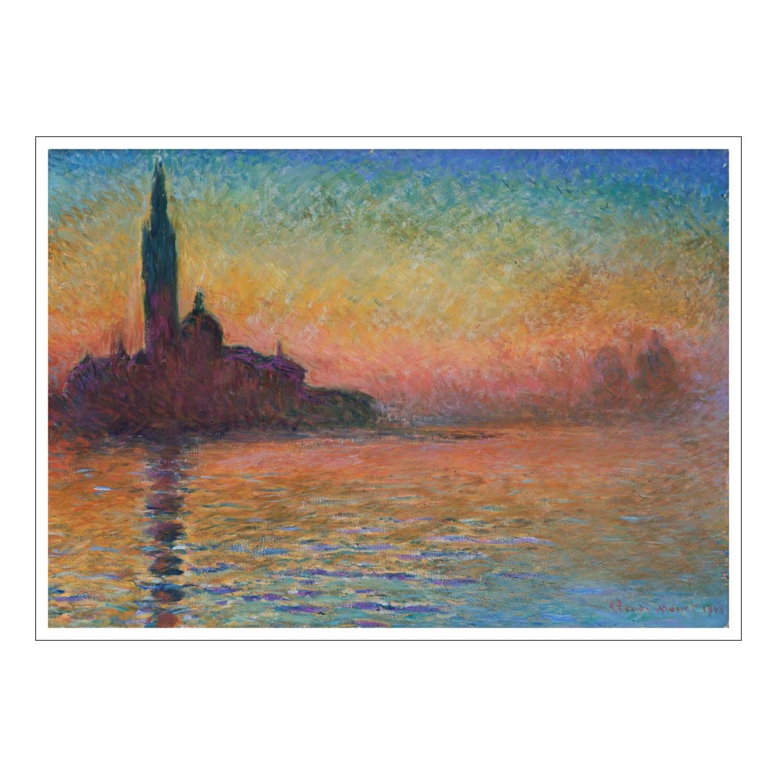 Painting of a cityscape at sunset with a colorful sky and water.