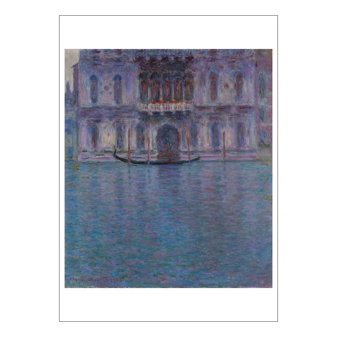 Artistic depiction of a building reflected in water with a white border