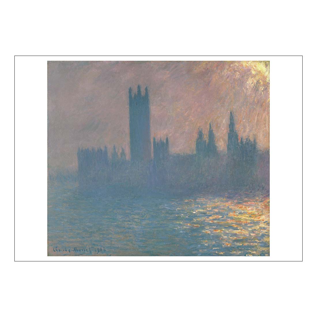 Painting of a castle or cathedral by a body of water with a soft, diffused light effect.