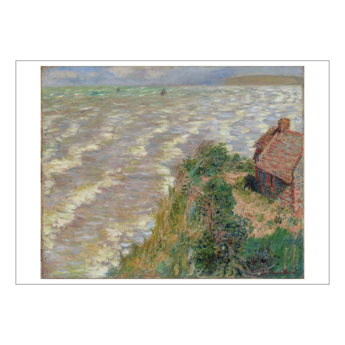Painting of a coastal scene with a house and water.