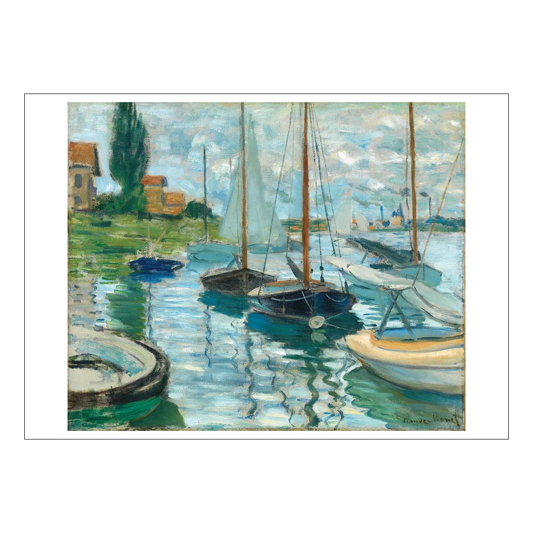Painting of a harbor scene with boats and buildings.