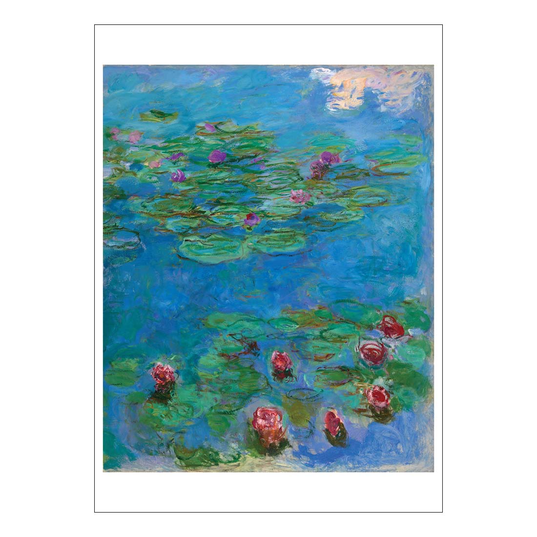 Framed artwork of water lilies by Claude Monet on a white background