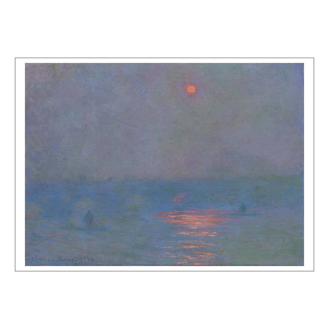 Painting of a sunset over water with a small boat, framed by a white border.