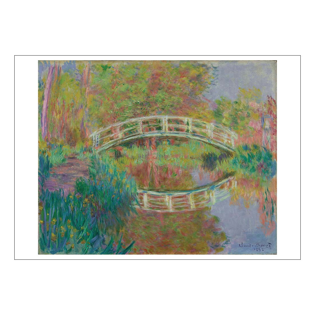 Painting of a bridge over water with colorful foliage on a white background