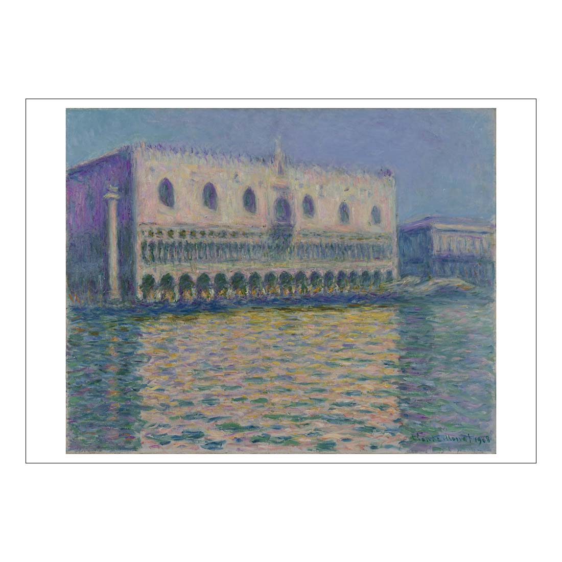 Painting of a building reflected in water with a white border