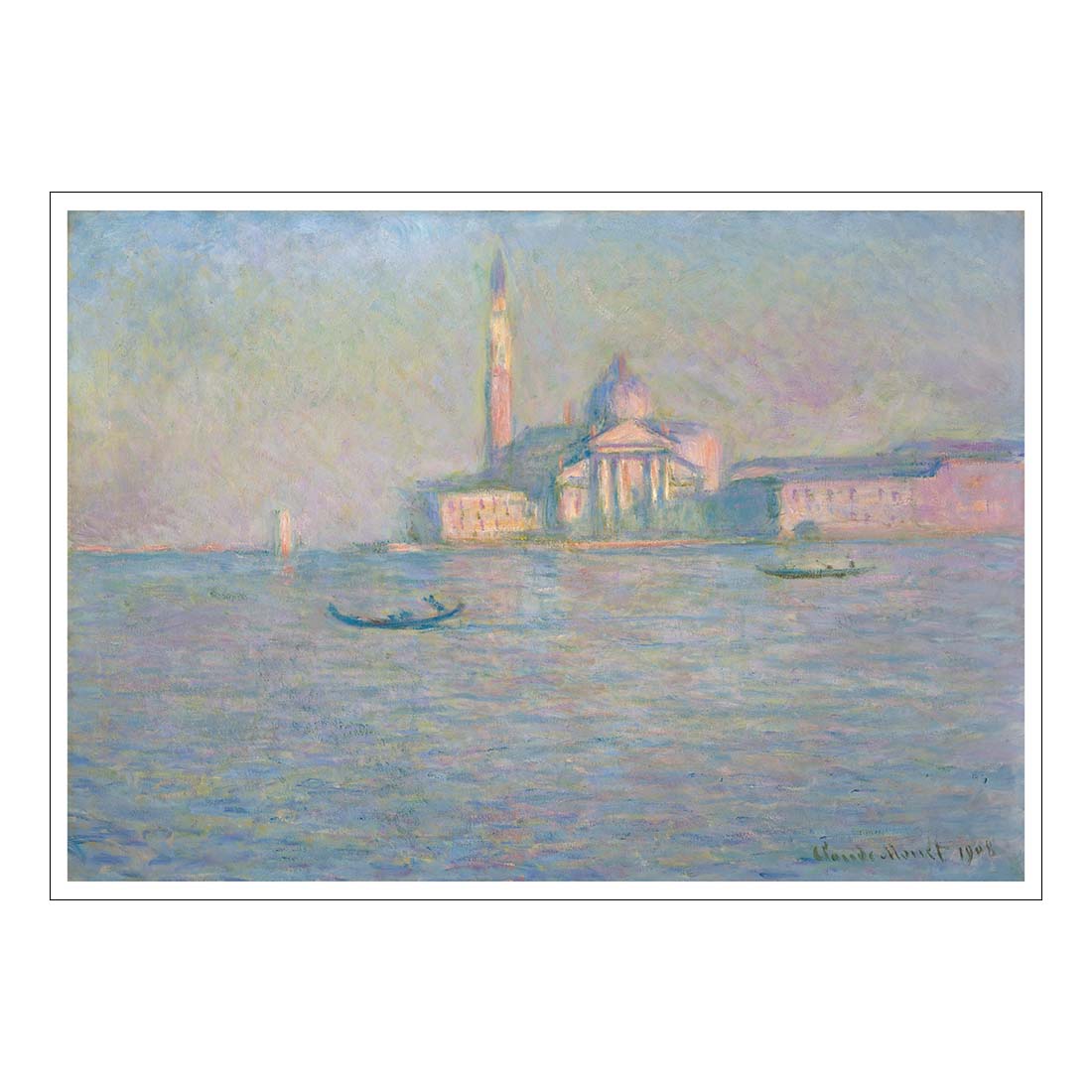 Painting of a cityscape with boats on water, featuring soft pastel colors.