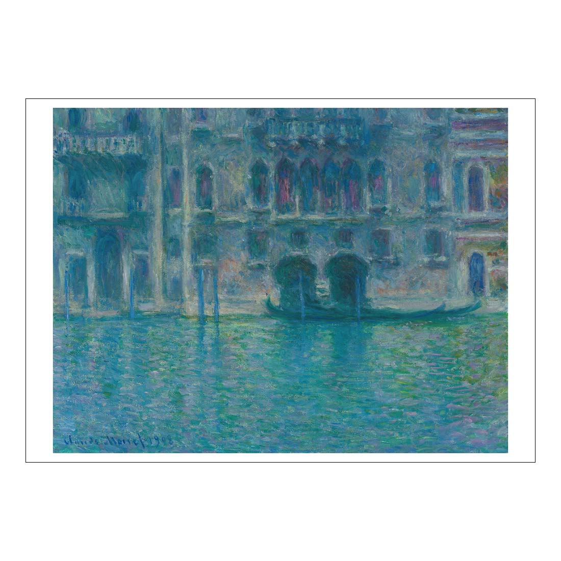 Painting of a grand building by a canal with a gondola, likely inspired by Monet's style.