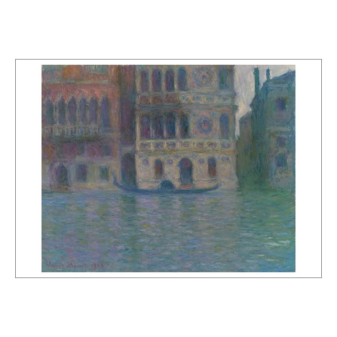 Painting of a canal scene with buildings in the background